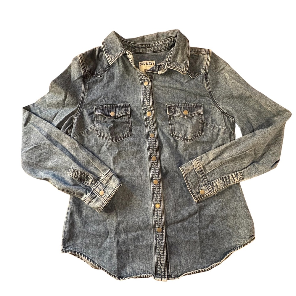 Old Navy Womens XS Petite Denim Western Shirt Medium Wash Snap Front Long Sleeve